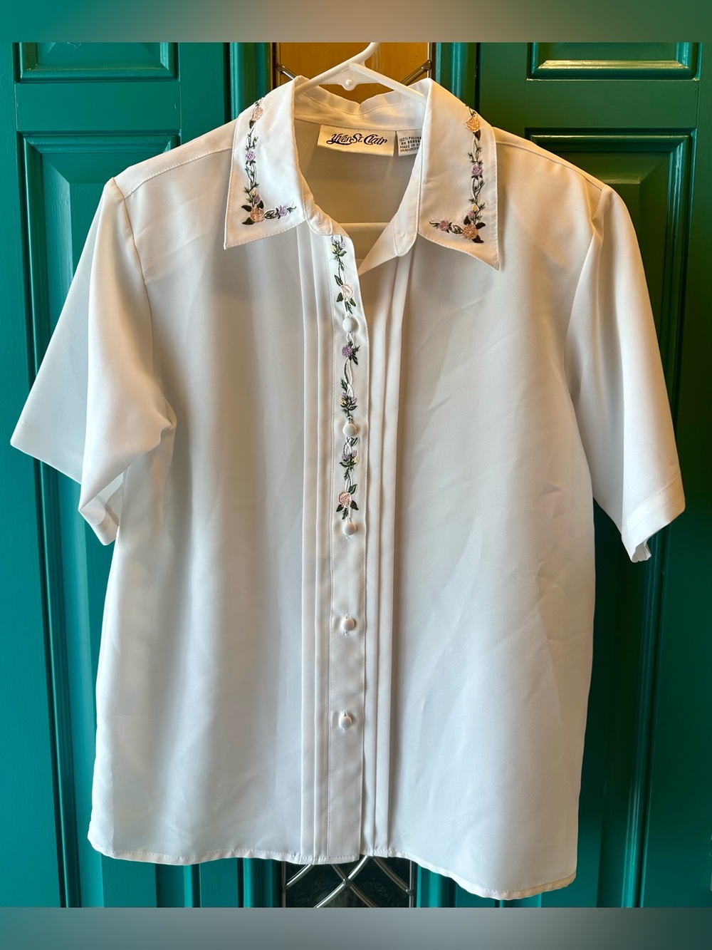 Vintage Yves St Clair White Embroidered Floral Pleated Blouse